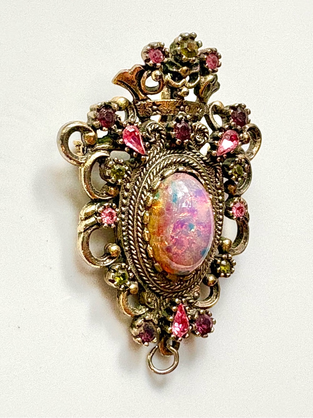 Vintage Sarah Coventry Contessa Pink Fire Opal Rhinestone Brooch Pendant